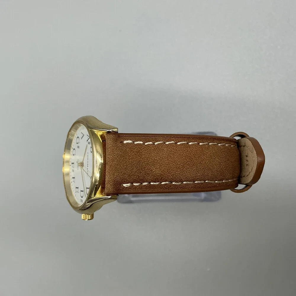 Chromatic Womens Watch 33mm Musical Note Dial Leather Gold Tone New Battery